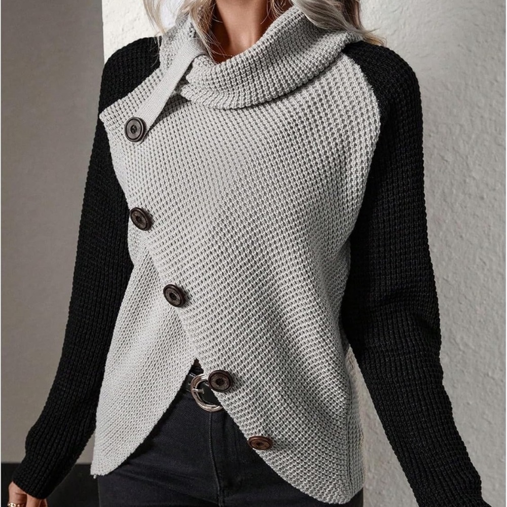 Chic Nation Black and Gray Cowl Neck Sweater asymmetrical style